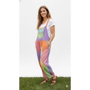 Sacred Threads Colorblock Patchwork Embroidered Bohemian Cottagecore Overalls M